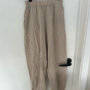 Women's Linen Checkered Tan Straight Leg Pants
